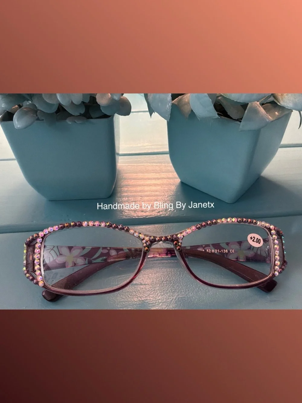 Handmade Bling Reading Glasses (+2.00) -Rhinestone & Faux Pearls